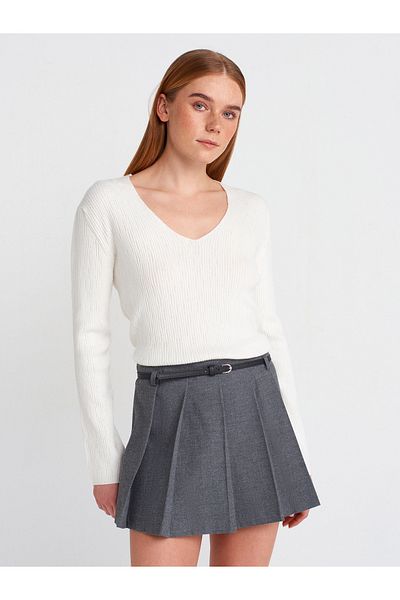 Dilvin 10708 Model Soft Textured V-Neck Sequin Thin Knitwear Sweater - Ecru