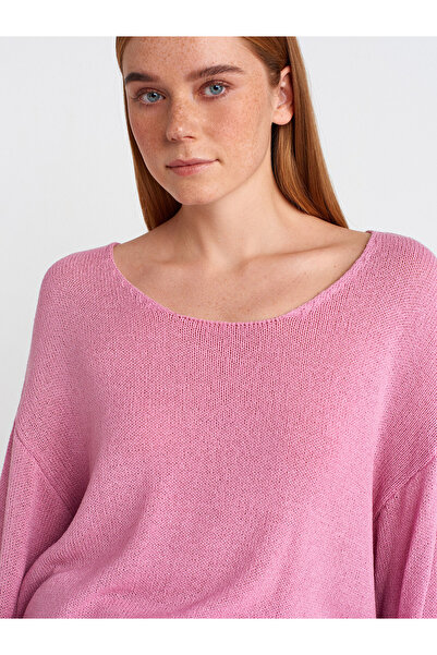 Dilvin 10706 Oval Collar Soft Textured Knitwear Sweater-Pink