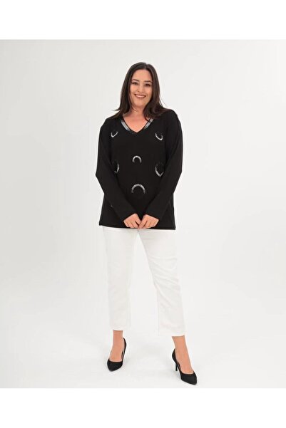 kısmet sepeti Γυναικεία μαύρη μπλούζα με ίσιο μανίκι με λαιμόκοψη σε σχήμα V