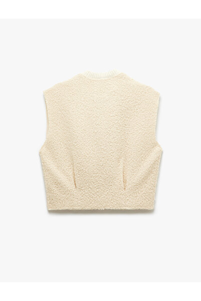 Koton Zipper Detailed Sleeveless Crew Neck Plush Vest with Stitching Detail