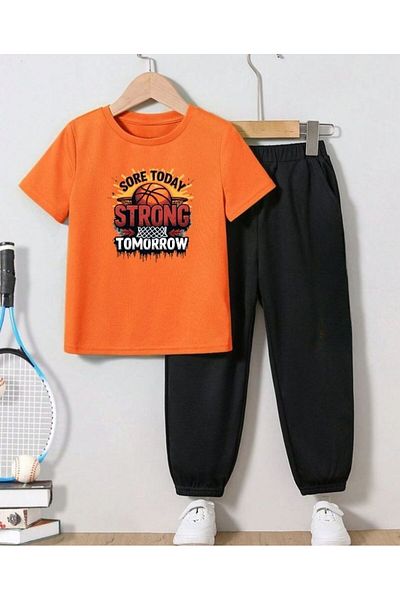 cm buseyiz Mixed Print Basic T-Shirt & Ribbed Bottom Boys' Bottom - Top Set