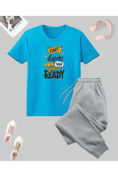 cm buseyiz Mixed Print Basic T-Shirt & Ribbed Bottom Boys' Bottom - Top Set