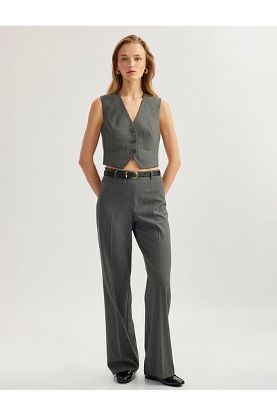 Koton High Waist Straight Wide Leg Fabric Trousers with Pockets