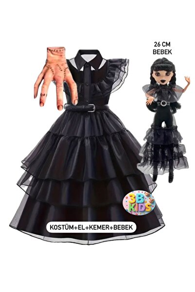 3b kids Wednesday Kostüm Elbise Seti Cadılar Bayramı Çocuk Kıyafeti Seti