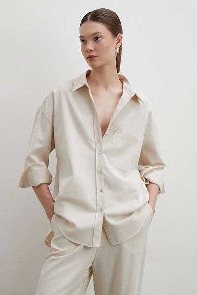Never more Beige Linen Blended Flowy Shirt