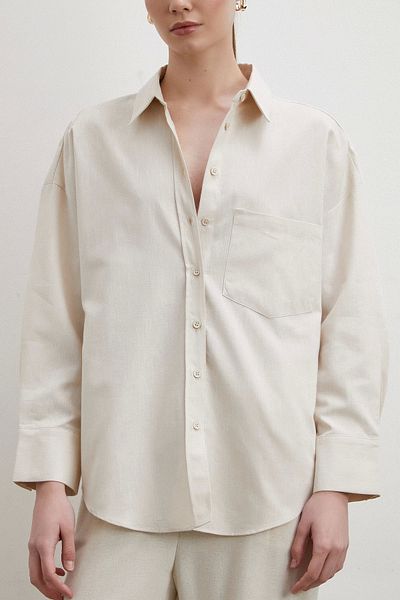 Never more Beige Linen Blended Flowy Shirt