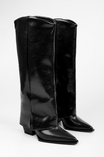 Shoeberry Γυναικείες μπότες Texas Black Shiny Cowboy με λεπτομέρεια κολάν