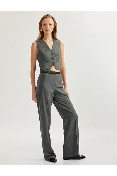 Koton High Waist Straight Wide Leg Fabric Trousers with Pockets
