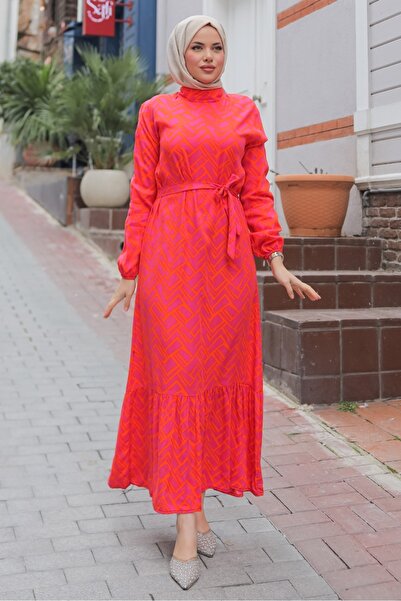 Bestenur Rayel Dokuma Viskon Elbise 1336 - Fuşya