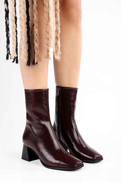 Shoeberry Kadın Talve Bordo Parlak Küt Burunlu Topuklu Bot