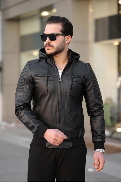 Mero Life Ανδρικό δερμάτινο μπουφάν και παλτό με μαύρη λεπτή εφαρμογή με κουκούλα με ελαστική μέση
