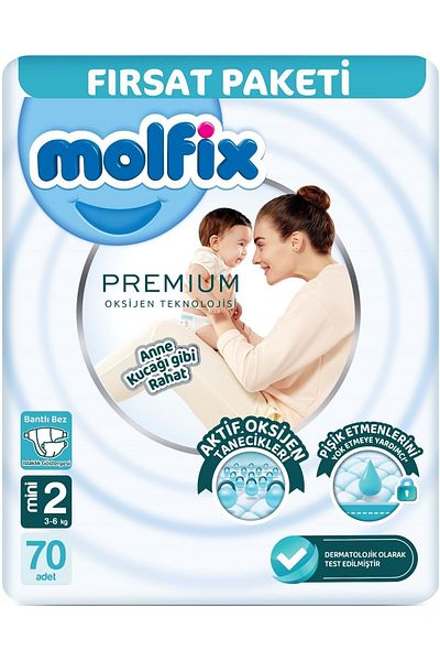 Molfix Mini Premium Baby Diaper (3-6kg) Size:2 70 Pieces with 3 Wet Wipes