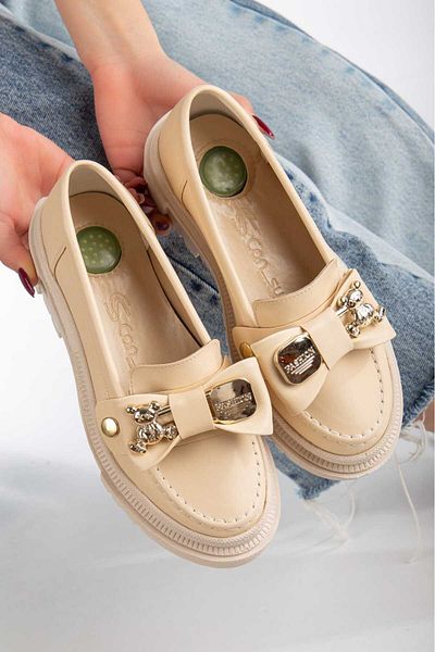 Cansu Ayakkabı Boty Cansu Loafer Béžová Estetická zlatá Teddy Bear Spona Detailní pohodlná obuv