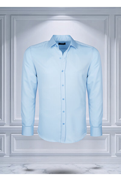 Todth Kolay Ütülenebilen Dört Mevsim Modern Fit Yumuşak Dokulu Açık Mavi Düz Erkek Gömlek