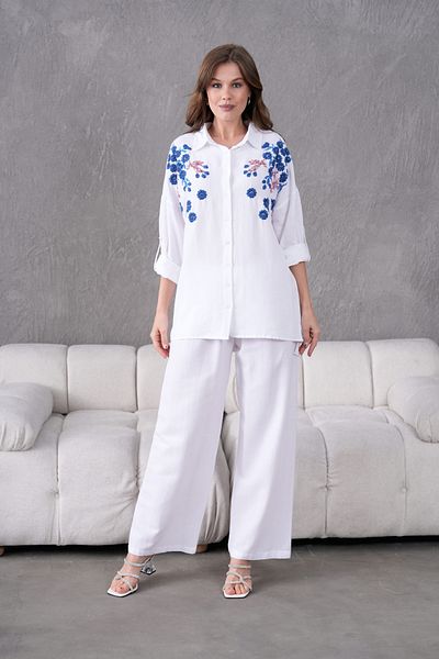 MVStore Women's Floral Print Embroidery Embroidered Linen Oversize Shirt and Pants