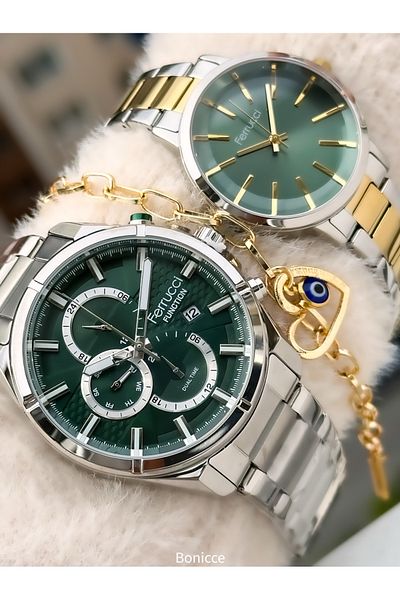 Ferrucci Silver Color Green Dial Functional Watch + Heart Bracelet Rosary