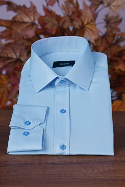 Todth Kolay Ütülenebilen Dört Mevsim Modern Fit Yumuşak Dokulu Açık Mavi Düz Erkek Gömlek