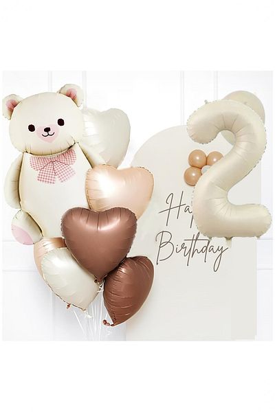 Partile Retro Cream Birthday Set - Number Foil, Banner, Heart Foil and Bear Foil Balloon Celebration