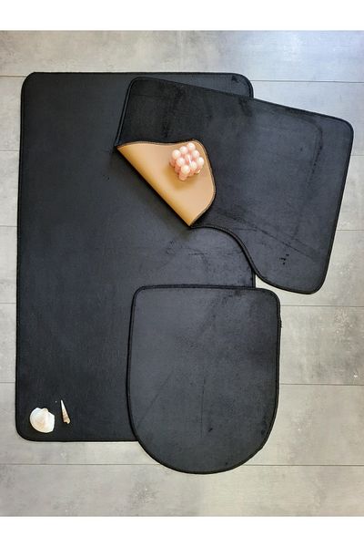 Dokumacıoğlu Σετ χαλιών μπάνιου Ultrasoft Plain Black 3 τεμαχίων με αντιολισθητική βάση. Σετ καθίσματος τουαλέτας που πλένεται