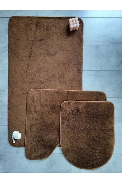 Dokumacıoğlu Σετ 3 χαλιών μπάνιου Ultrasoft Brown - Αντιολισθητική βάση, Mak. Σετ καθίσματος τουαλέτας που πλένεται