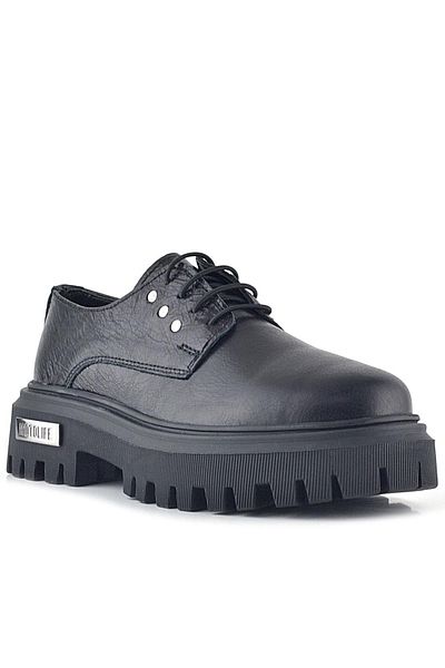 Rakerplus Pantofi oxford casual cu șireturi din piele naturală șifonată neagră
