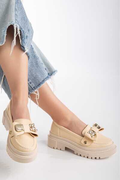 Cansu Ayakkabı Cansu Ayakkabı Loafer Bej Estetik Gold Ayıcık Toka Detaylı Rahat Ayakkabı