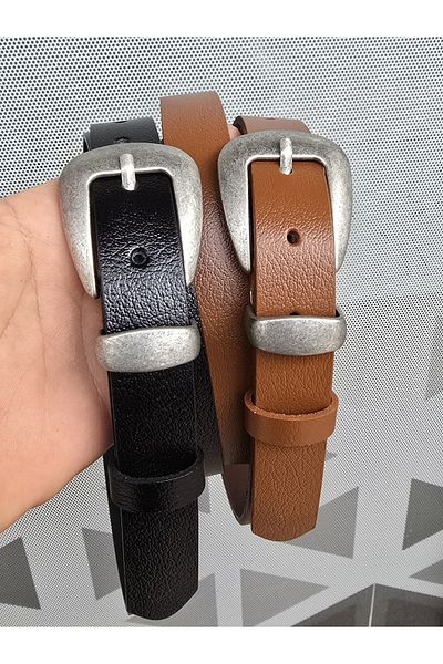 Kemerix 100% Genuine Leather Tin Plated Buckle Black-Tan 2-Piece Belt Set