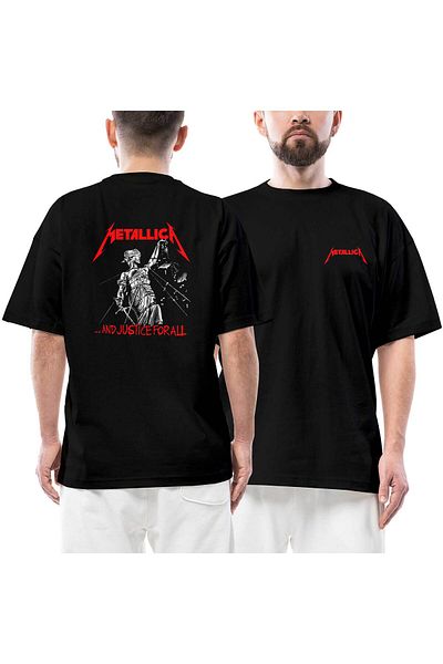 Z zepplin Metallica and Justice for All Front and Back Printed Black Oversize T-Shirt