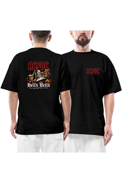 Z zepplin AC DC Hells Bells Μπροστινό πίσω εμπριμέ μαύρο μπλουζάκι Oversize