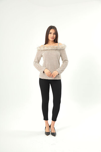 YMN COLLECTİON KADIN BÜYÜK BEDEN OMUZU AÇIK,TAŞ ASKILI KÜRKLÜ BLUZ