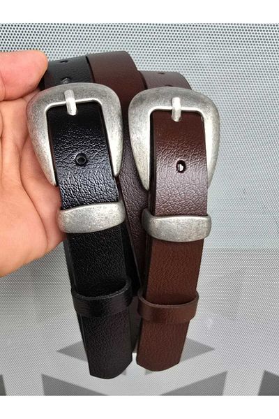 Kemerix 100% Genuine Leather Tin Finish Buckle Black-Bitter Brown 2-Piece Belt Set