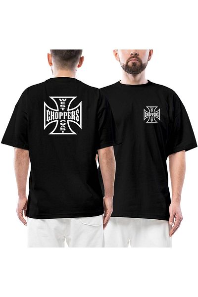 Z zepplin Λογότυπο West Coast Chopper Μπροστινό πίσω εμπριμέ μαύρο μπλουζάκι υπερμεγέθους