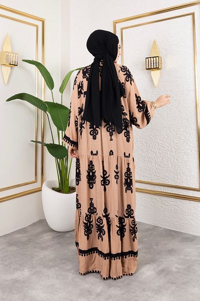 Sfg Life Moda Women's Hijab Clothing Front Button up Prevailing Collar and Oversized Oversized Balloon Sleeve Woven Viscose Dress