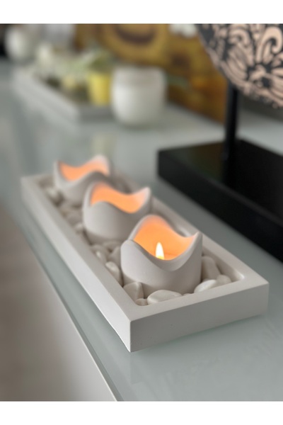 Edosco Parasole Modern Tasarım Beton Tepsili Dolomit Taşlı 3'lü Mumluk (MUM VE KİBRİT HEDİYELİ)