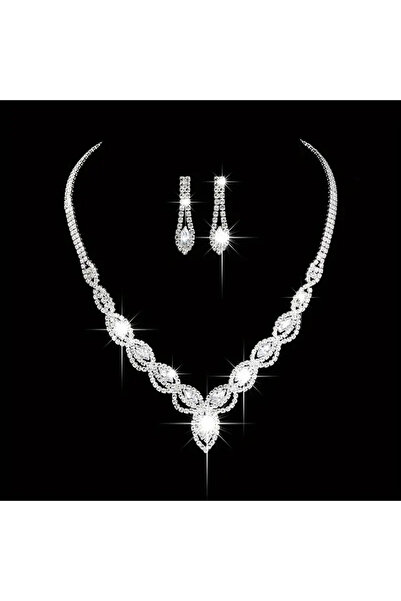 Mucha Gümüş Kaplama Zarif Gerdan Taşlı Kolye Küpe 2 li Set Düğün Nişan Parti ...