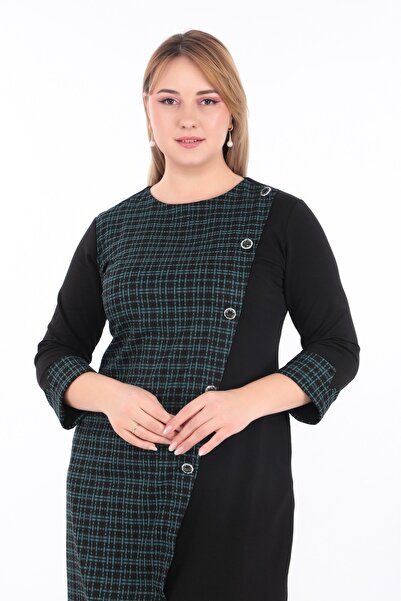 etselements Πράσινο Midi Φόρεμα - Καρό σχέδιο και λεπτομέρεια με κουμπί 9952