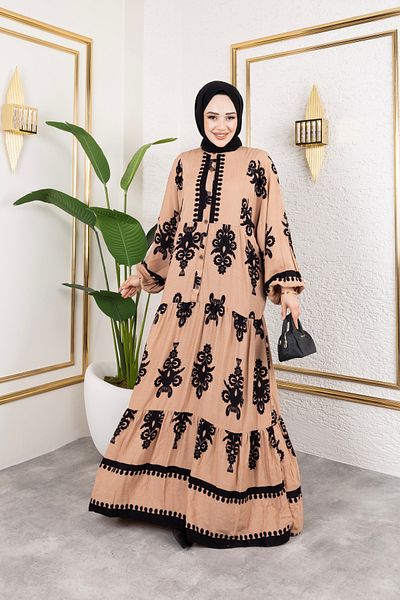 Sfg Life Moda Women's Hijab Clothing Front Button up Prevailing Collar and Oversized Oversized Balloon Sleeve Woven Viscose Dress