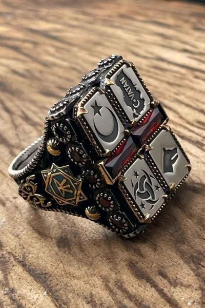 Diriliş Takı 4 Türk Sembolü İşlemeli Gümüş Yüzük