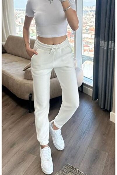 THE WHITE Γυναικείο Φούτερ Κρεμ Χρώμα επένδυση fleece Jogger με λαστιχένιο πόδι