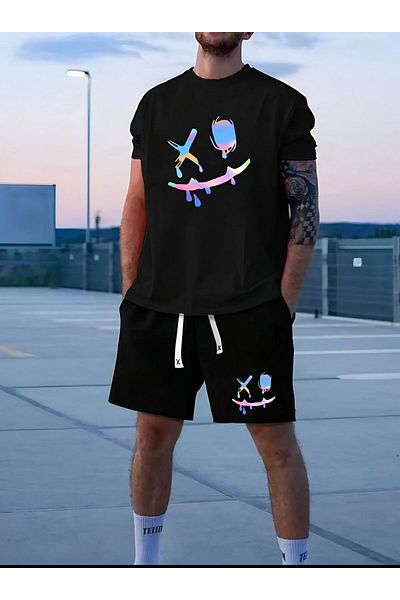 NewCabin New Season Holographic Effect Oversize T-Shirt and Shorts Set - Sports & Streetwear