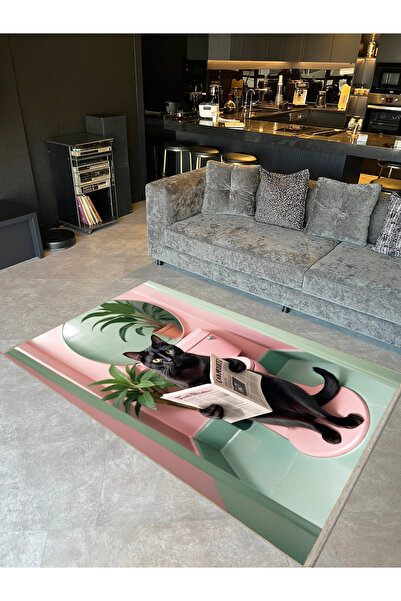 Rugs Modern Halı Buse Koleksiyonu Banyoda Gazete Okuyan Siyah Kedi Desenli Do...