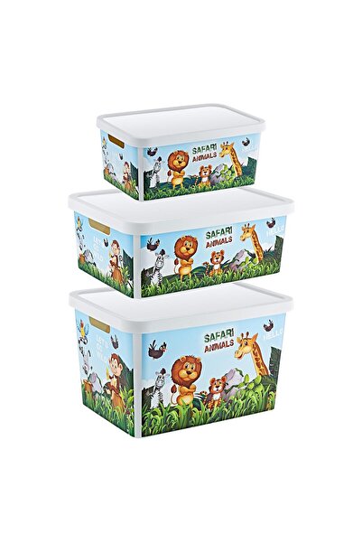 Smartware Set of 3 Stafi Patterned Box Safari with Lid (4.5-12-18 Lt)