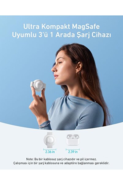 Anker MagGo 3'ü 1 Arada Kablosuz Şarj İstasyonu, Qi2, 15W, Katlanabilir, MagSafe Uyumlu, Beyaz - B25M8