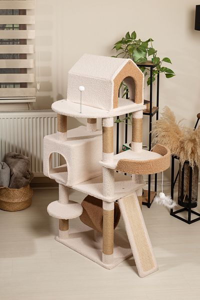 RAIKOU Beige-Brown Caramel Cat Tree - 3 Layers, Scratching Post, Bed & Toy, Easy Installation
