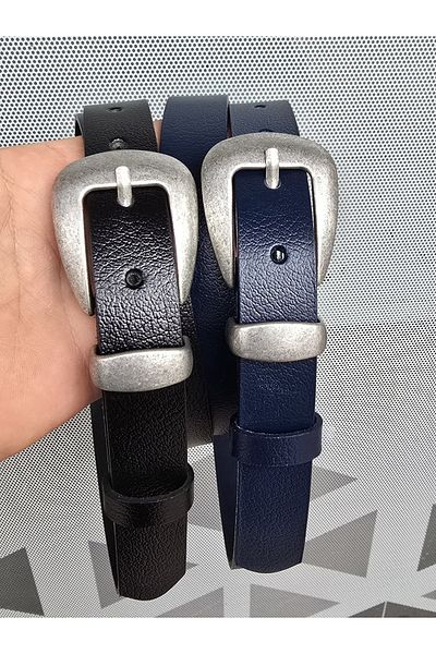 Kemerix 100% Genuine Leather Tin-Plated Buckle Black-Navy Blue 2-Piece Belt Set