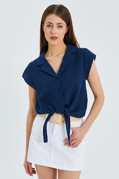 Mixray Navy Blue 4555 Women's Muslin Crop Shirt - Front Tie