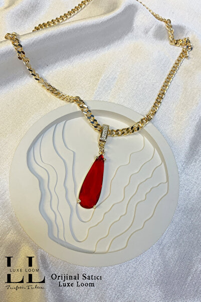 Luxe Loom Zarafetin Işıltısı Kadın Gold Özel Kesim Zirkon Taş Detaylı Kırmızı Su Damlası Kolye