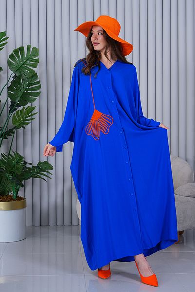 AYASOFYA OTANTIK Rochie cămașă casual oversize cu broderie albastră Saks pentru femei
