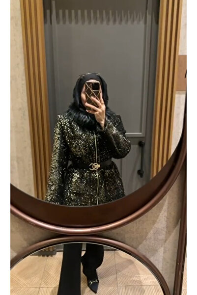 Butik Pul Payet Kürk Detaylı Kemerli Dış Giyim