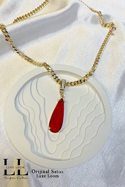 Luxe Loom Zarafetin Işıltısı Kadın Gold Özel Kesim Zirkon Taş Detaylı Kırmızı Su Damlası Kolye